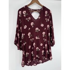 Lush Floral Burgundy Tunic Blouse flare sleeve boho cottage spring fairy S